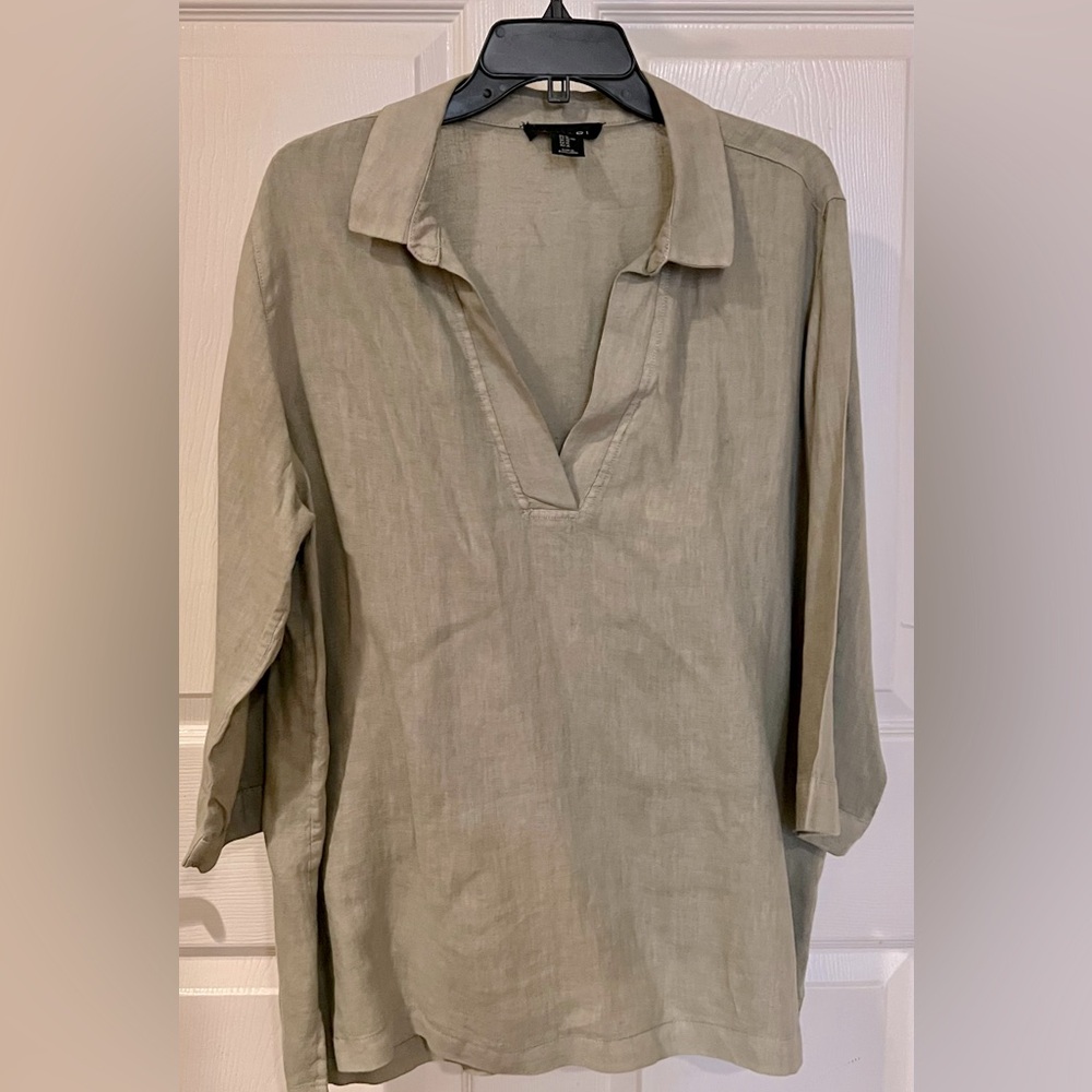 Tahari 100% Linen Shirt: Olive Green